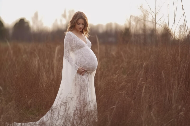 Beautiful mom in a boho dress standing in grasslands