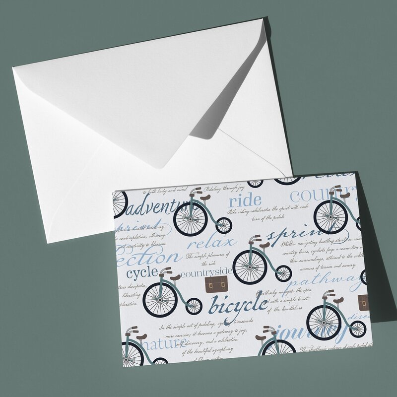 These A6 blank cards are perfect for sending a thoughtful note or simply keeping in your stationery drawer for special moments. Each card showcases a unique hand-drawn design - penny farthings - by Green Acre Designs.