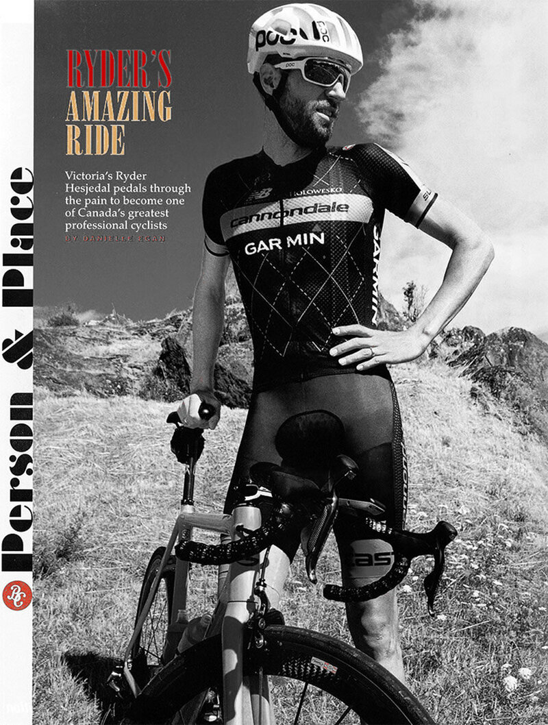 Ryder Hesjedal BC Magazine Portrait standing with bike wearing bike helmet