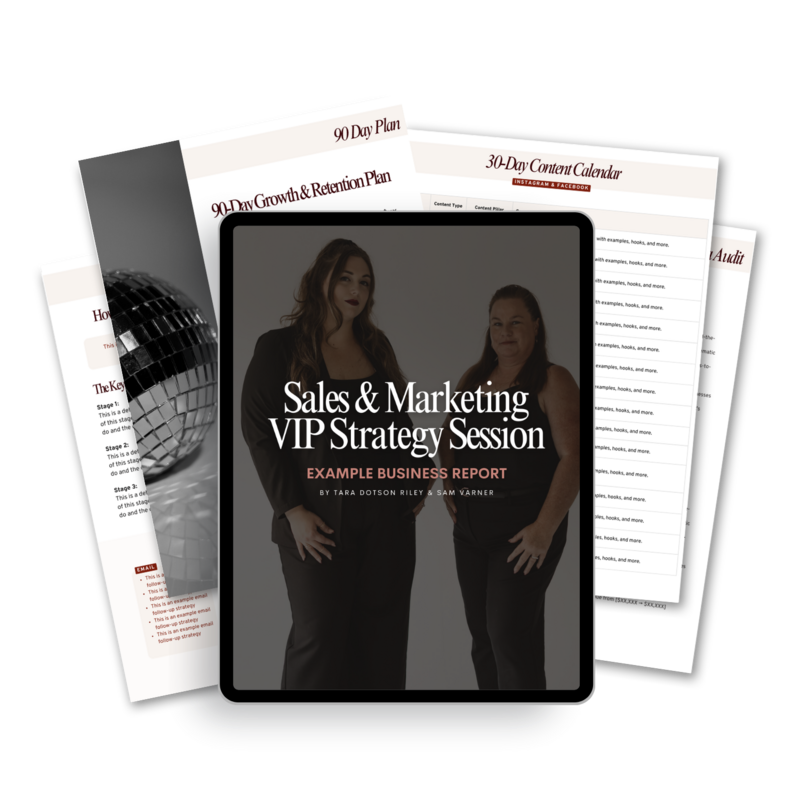 1:1 session with Tara Dotson Riley and sales expert Sam Varner is where marketing meets sales to give you a clear path from visibility to conversion.