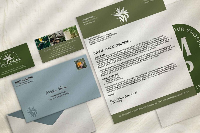 A stationary mockup for manu paradaiso including a letter head, business cards, envelop, and a post card.