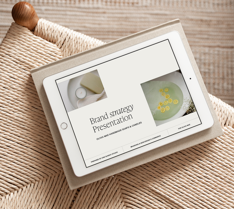 Ipad on a chair showing a brand strategy presentation