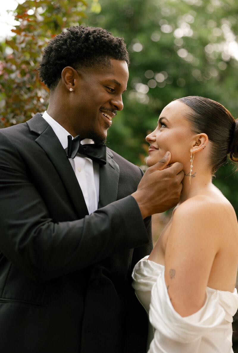 Soft light bridal portrait with mountain views in the background.