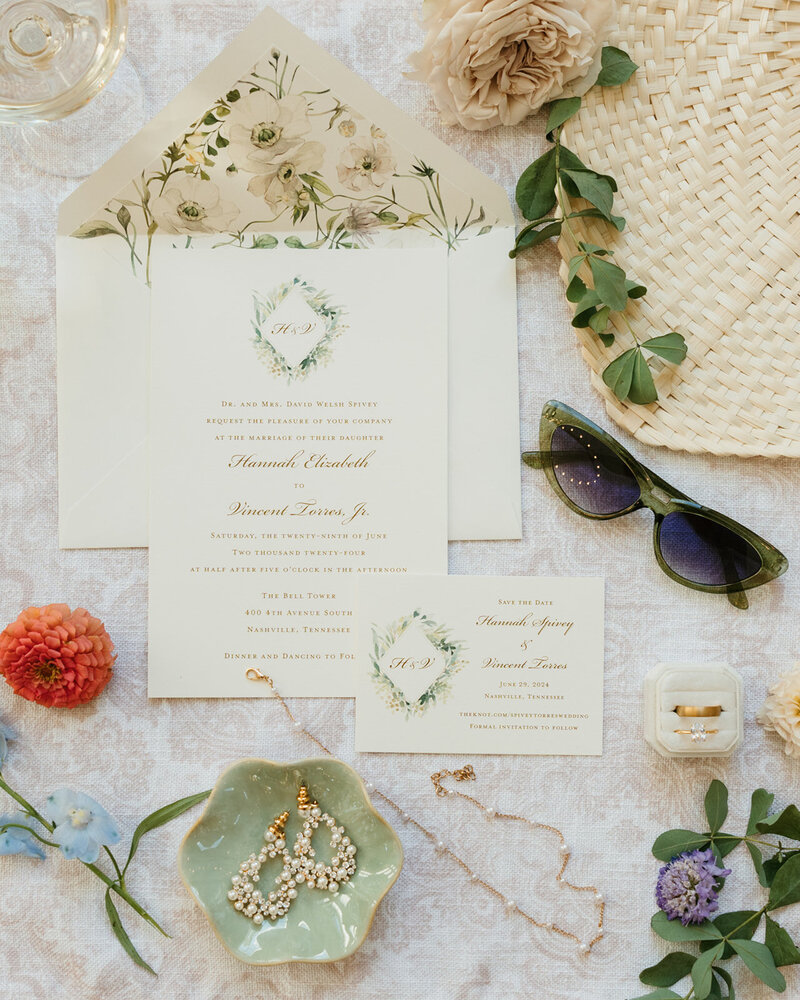 Vibrant wedding detail flatlay at Nashville wedding