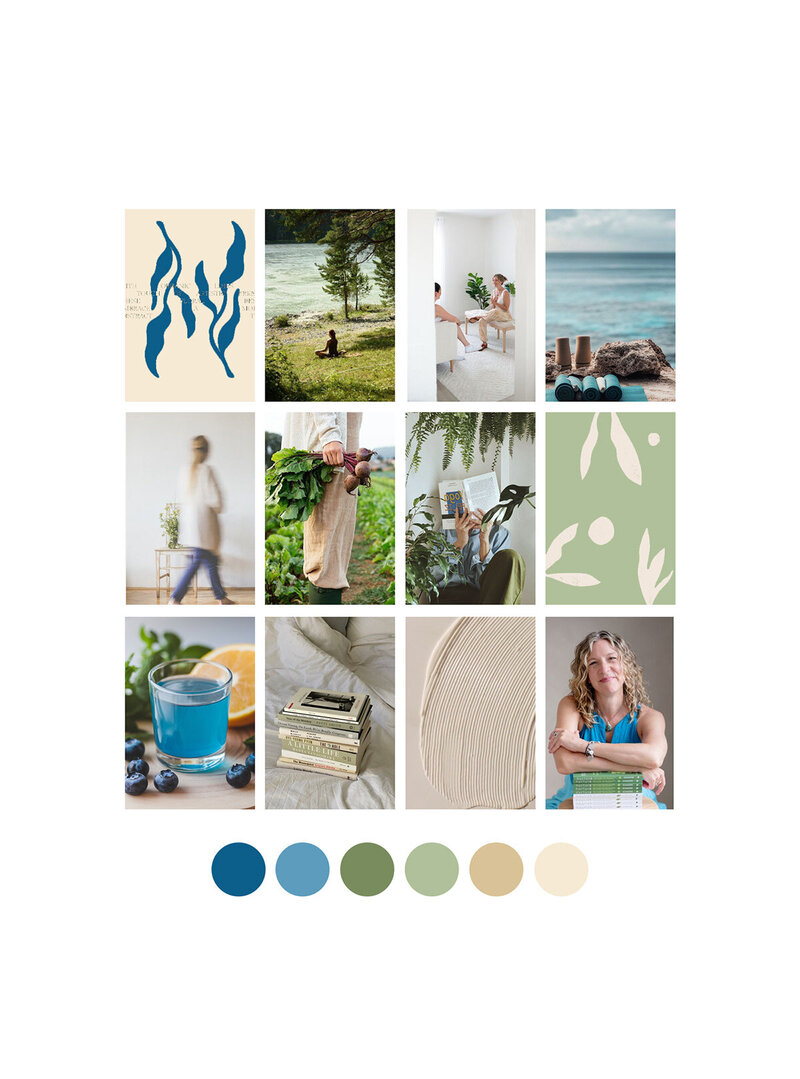 A mood board for a dietitian with blues and greens, evoking a warm feeling with earth tone colors.