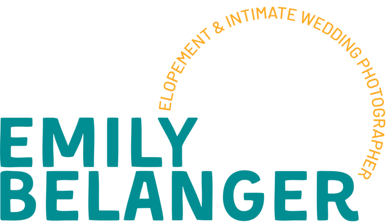 Emily Belanger logo with name in bright teal blue and a half circle text stating "Elopement & Wedding photographer" in bright mustard text