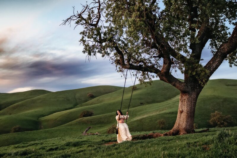 pregnant mama on a tree swing in the green walnut creek hills