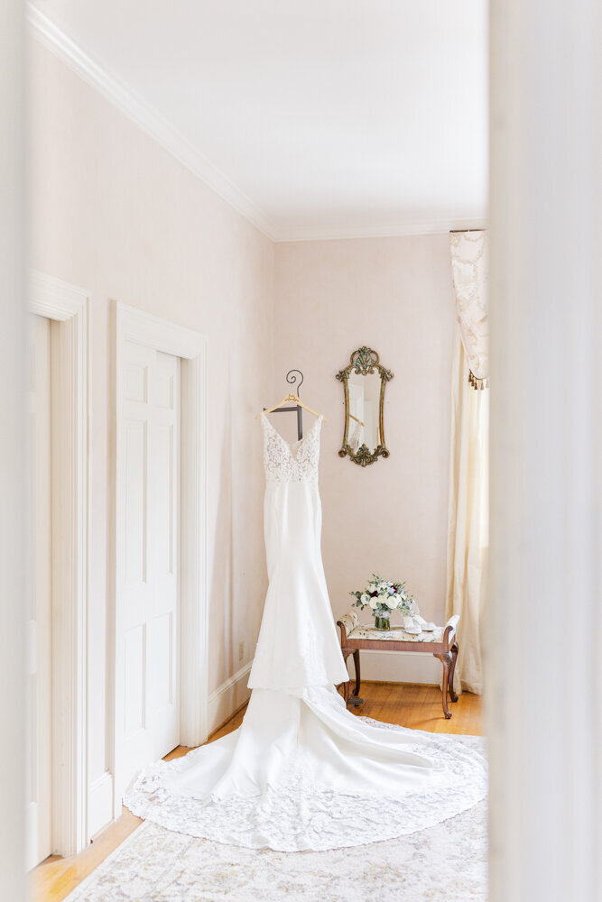bridal gown hanging up