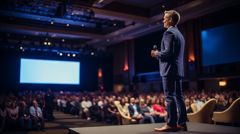 Man in suit speaking on stage with an audience in the background