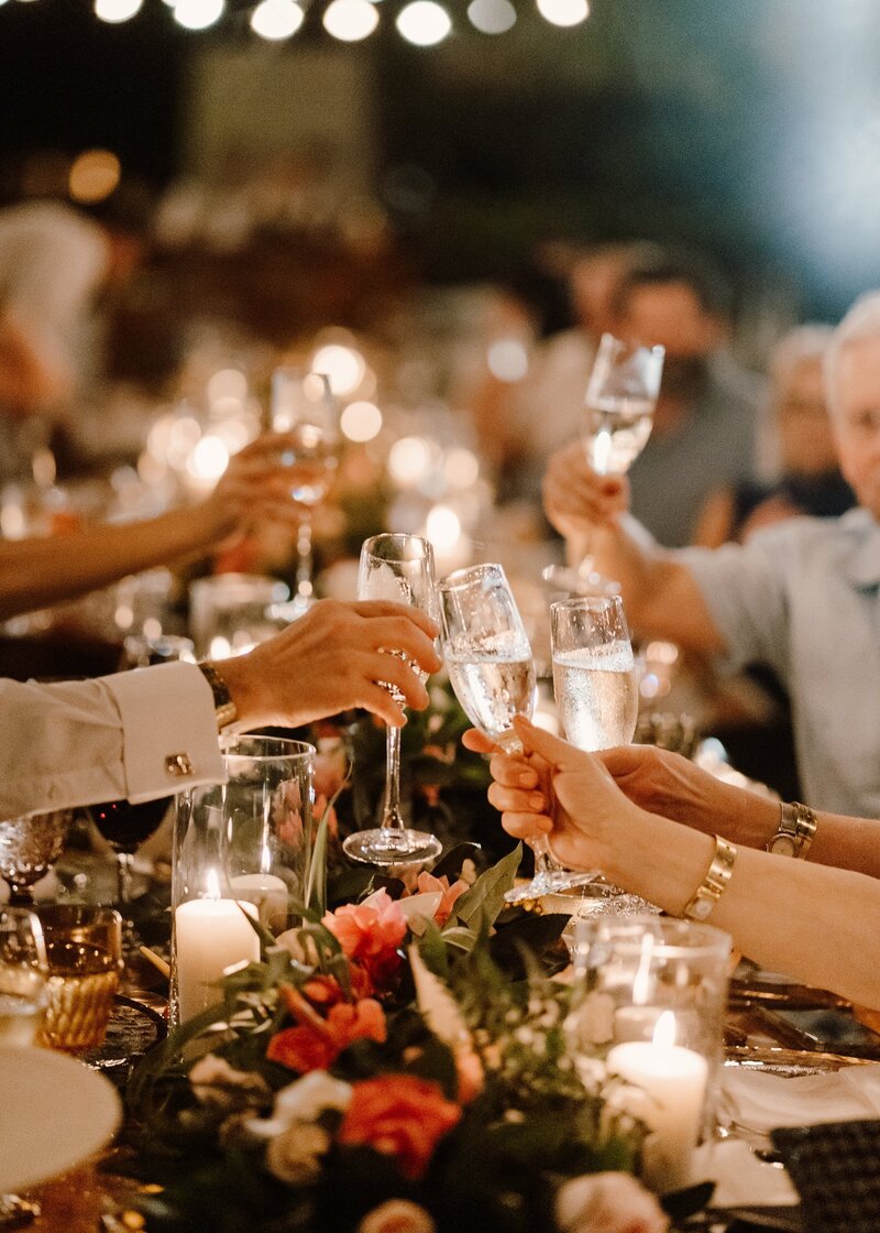 Wedding guests raising their glasses in a celebratory cheers