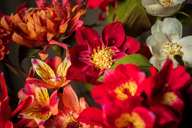 Autumnal paper flowers including dahlia and alstroemeria