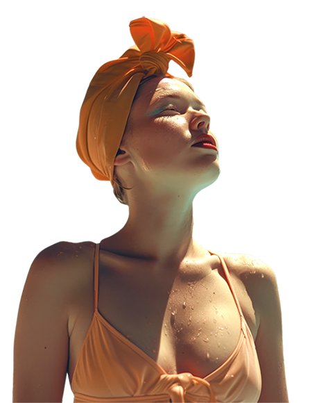 Jeune femme, style années 60, avec maillot de bain et ruban autour de la tête orange.