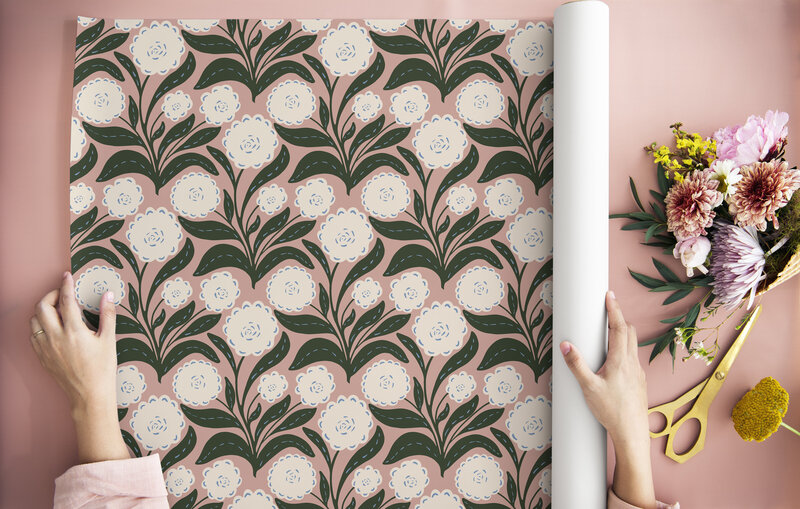 a floral print of white blooms, green leaves, and a pink background shown as wrapping paper - Boho, bohemian, feminine, botanical, wedding shower, baby shower, birthday