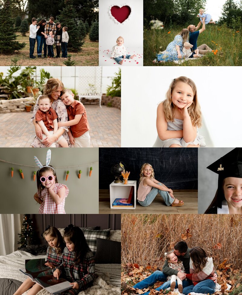 Collage on mini session information with multiple examples from holiday mini, family mini, and outdoor mini