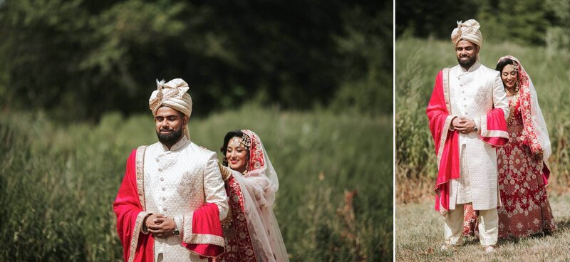 South Asian bride and groom pose for pictures outside in  New Jersey.