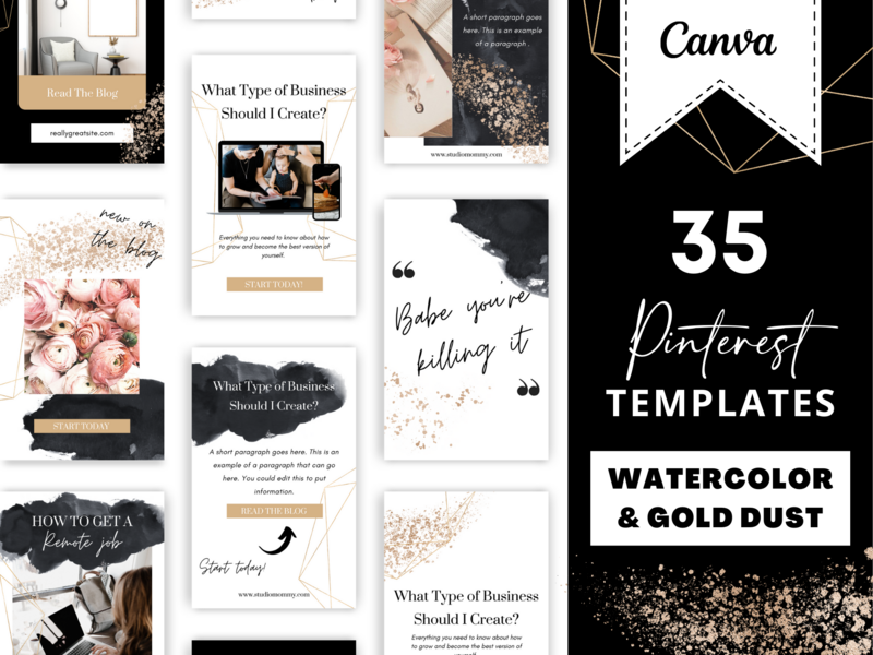 Pinterest Templates Canva - Pinterest Templates Watercolor Pins - Black and Gold - Studio Mommy