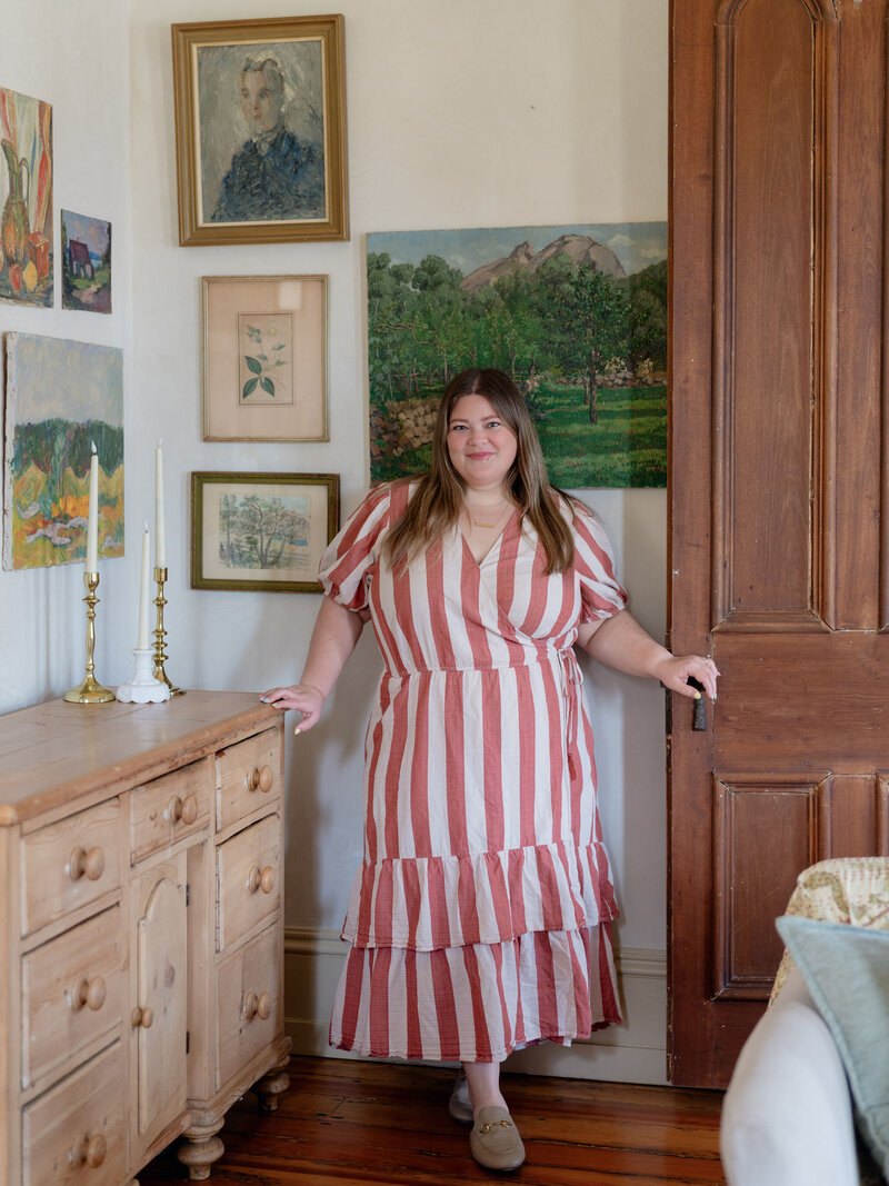 Shalae stands in striped pink dress at Wadley Farms in Utah