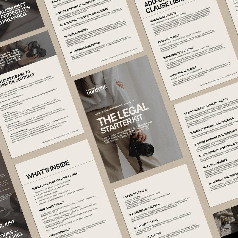 Overhead view of printed photography contract templates and Computer preview of the Legal Starter Kit for photographers