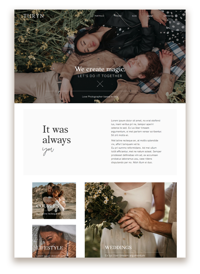 Turyn is a modern, minimal and sleek Wix Template designed for photographers, designers, bloggers, and other creative professionals.