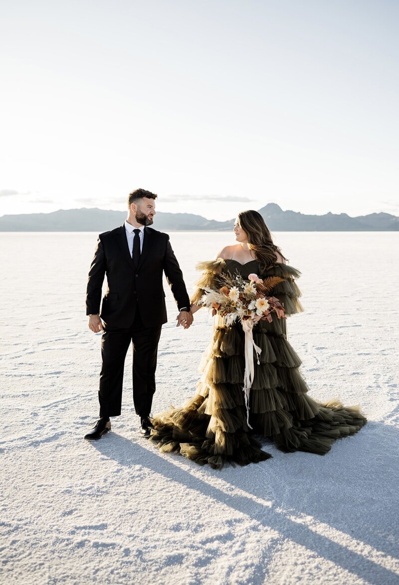 Salt Flats Couples Photo in a tulle  Salt Gown dress