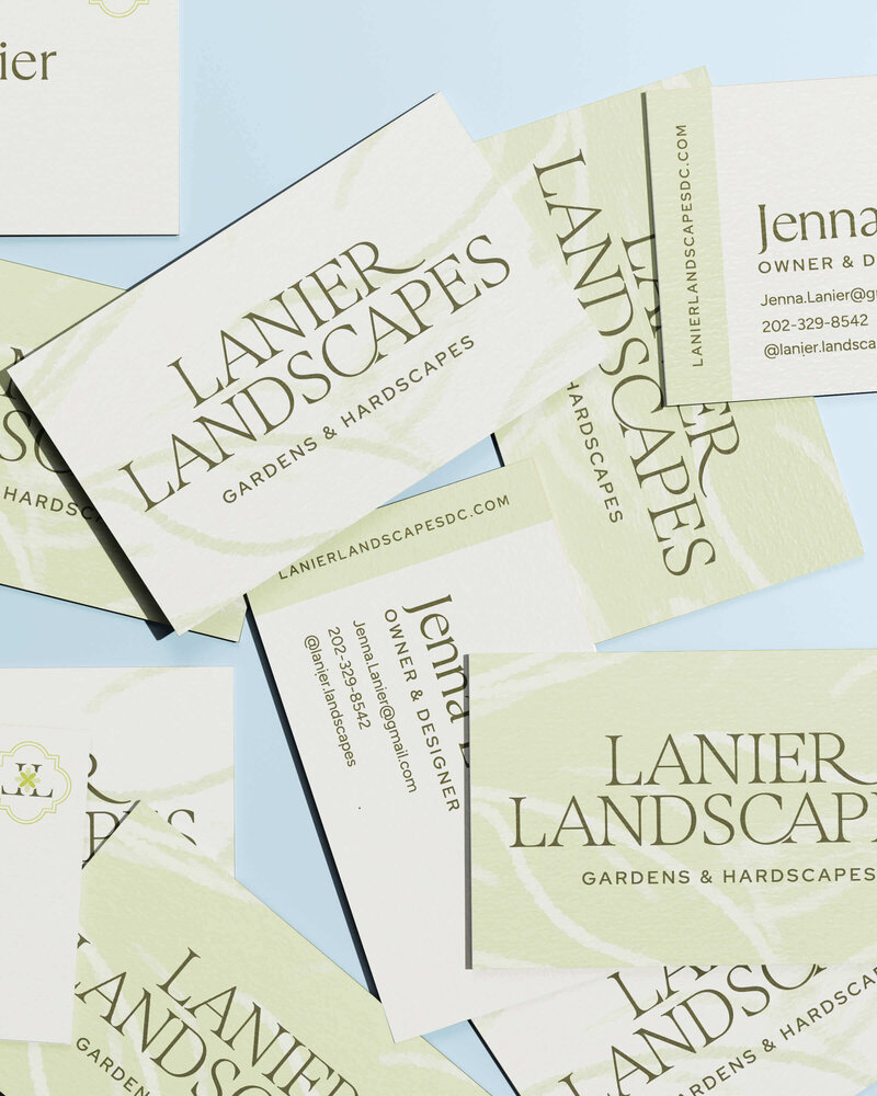 Custom business cards for landscaping brand with serif logo, soft green palette, and timeless design for service-based small business owners.