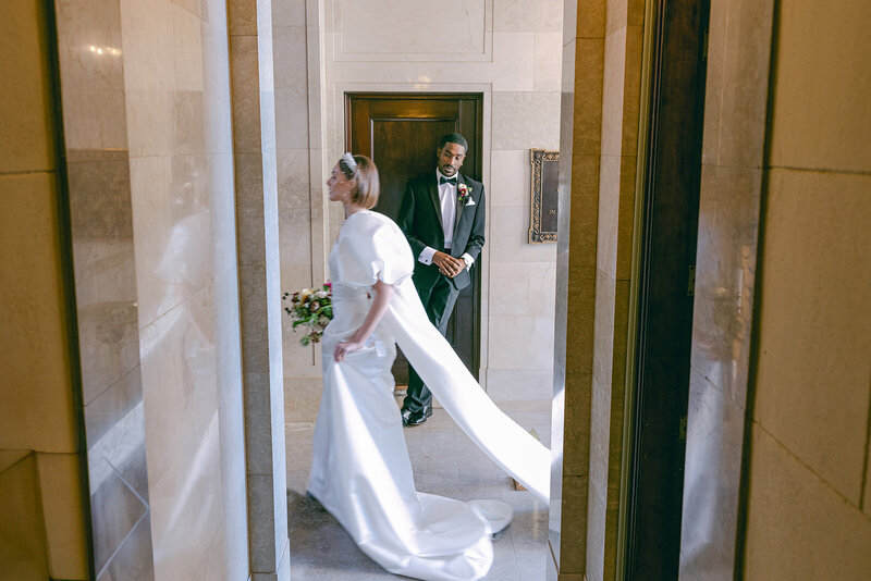 bride twirling in warehouse
