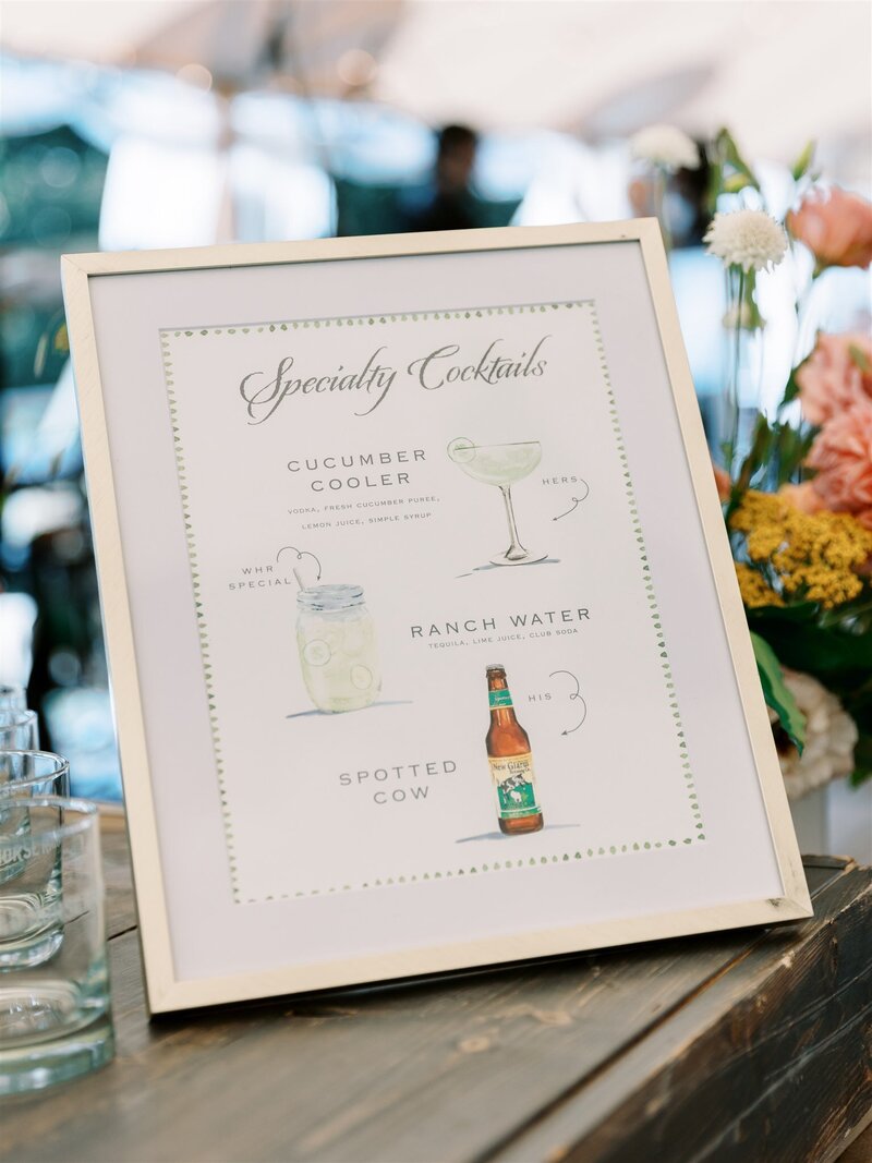 Specialty Cocktail sign featuring three drinks with watercolor images of each drink