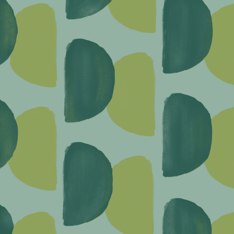 Deep teal, earthy aqua and a light olive green create a playful brand pattern with semicircles intersecting one another.
