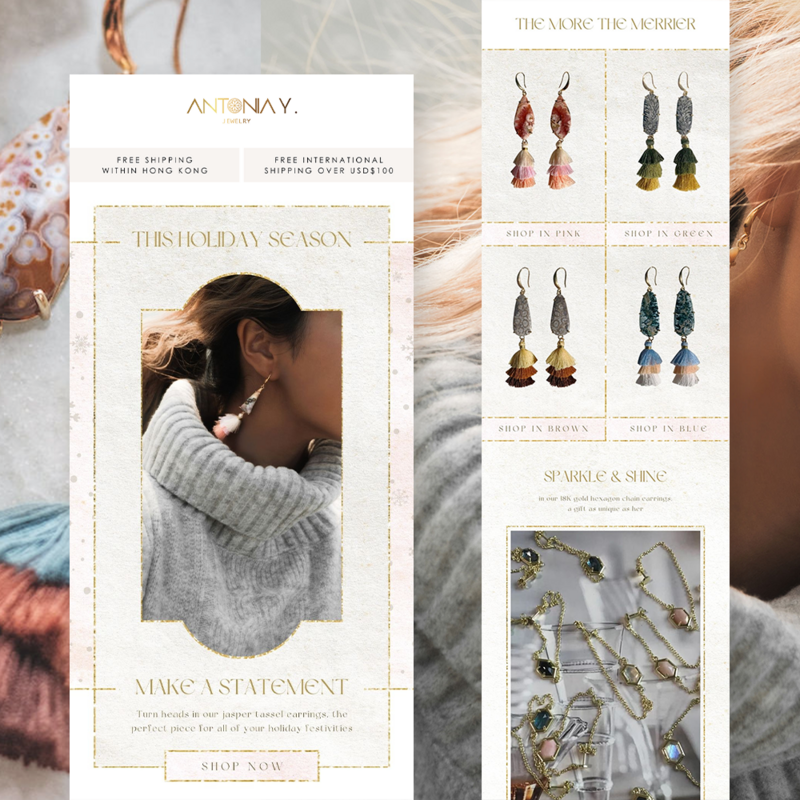 Email marketing design for eCommerce gemstone jewelry brand, Antonia Y. Jewelry, showcasing unique rings, earrings, necklaces, and bracelets.