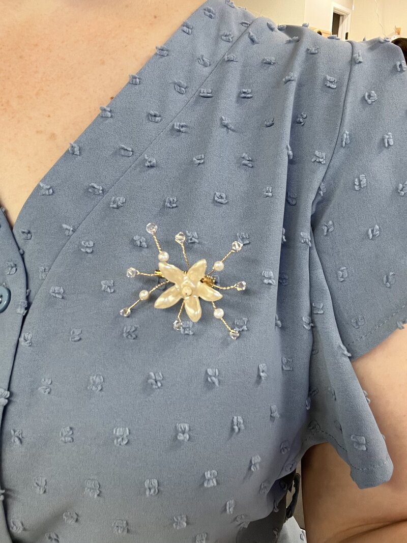 1950's vintage heirloom bridal veil with wax flower crown restyled into a broach for Grandma to wear