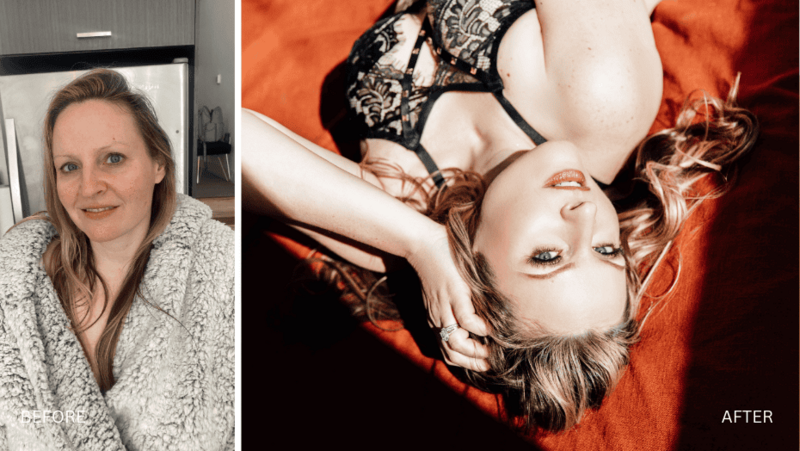 Transformation photo showing a boudoir client before and after makeup & hair styling