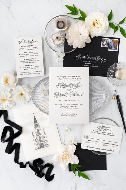 Custom letterpress wedding invitations in black and white