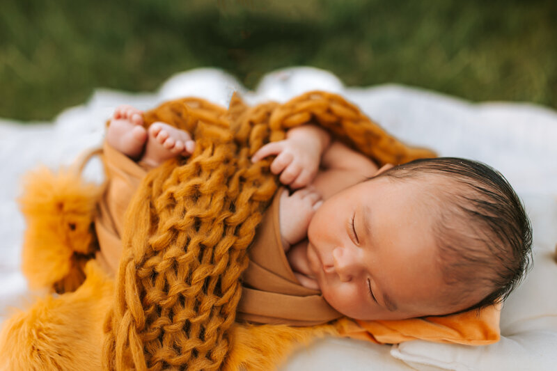 Baby wrapped in orange sleeping out side for Ottawa Newborn Photography session