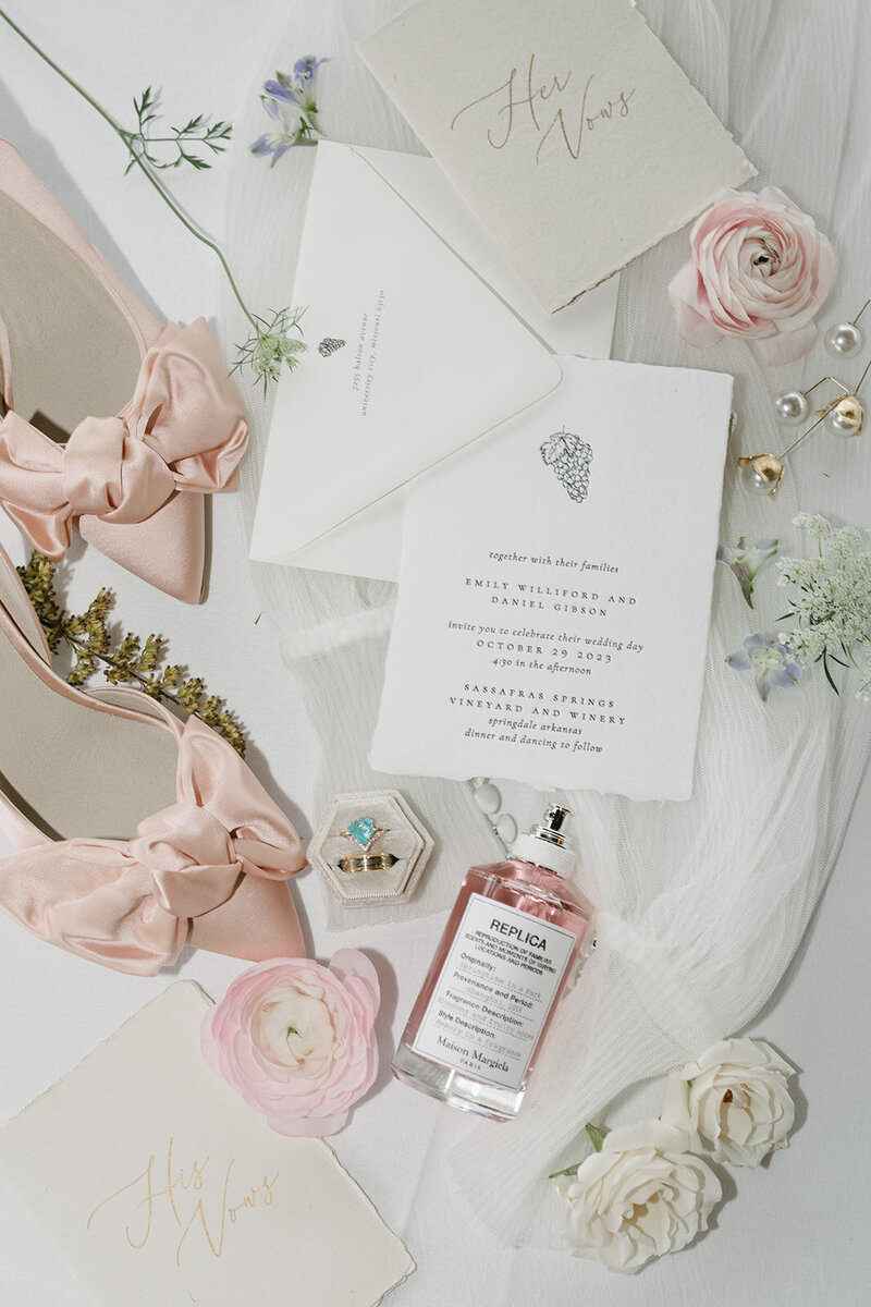 wedding flatlay with pink shoes