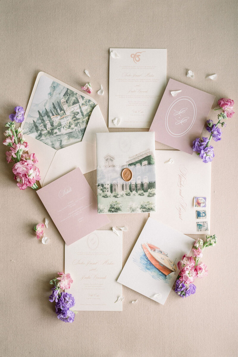Custom Wedding invitation of Villa Erba in Lake Como, Italy. Watercolors, vellum wrap, wax seal, and envelope liner.