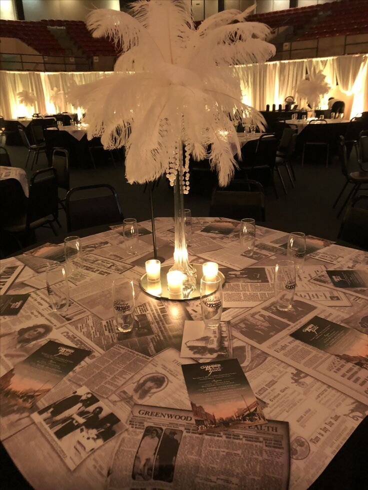 Table Toppers created from newspaper clippings from 1917-2017 for a 100 anniversary gala_