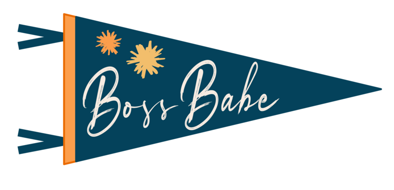 Blue and Yellow graphic of a school flag that reads Boss Babe
