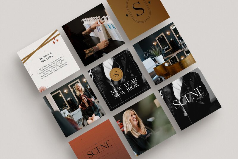 Instagram mockup of nine images showing various logos and brand photography for SCENE salon.