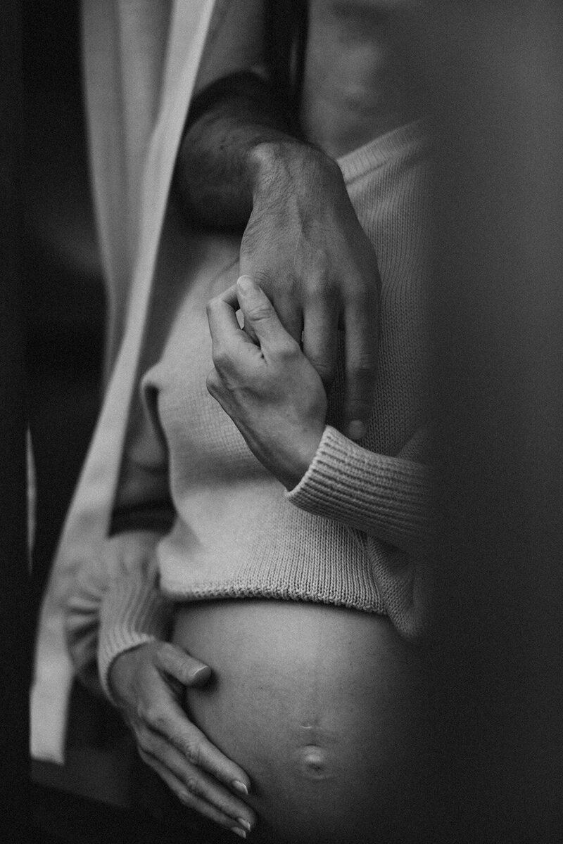 Close up of emotive and intimate maternity couples photoshoot, captured in black and white by Sunshine Coast Photographyer