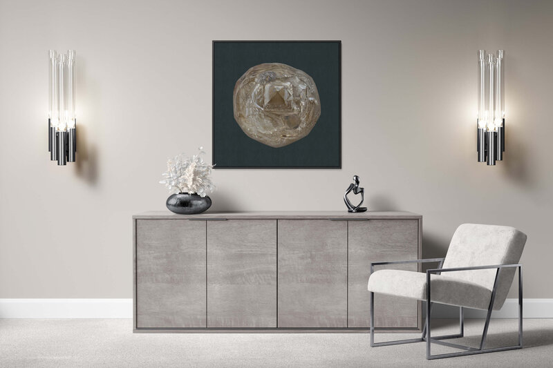Fine Art Canvas with a black frame featuring Project Stardust micrometeorite NMM 3230 for luxury interior design