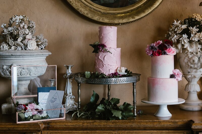 Pink vintage wedding cakes with  white wedding invitations and vintage wedding venue in Melbourne