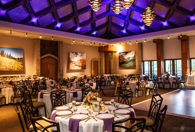 Interior photo of Mitchell Hall set up for a wedding at Denver Botanic Gardens