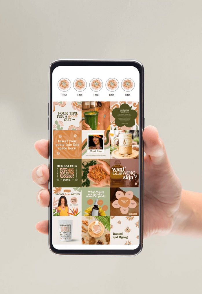A hand holding a phone displaying the Herbalista Love Instagram feed, showcasing the brand’s cohesive aesthetic with a focus on natural ingredients, eco-friendly packaging, and holistic wellness.