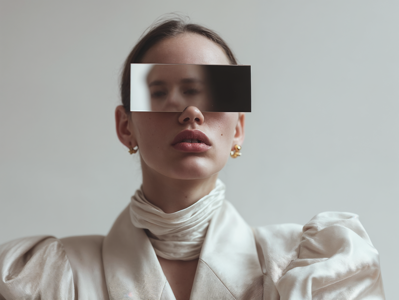 A woman in sculptural silk with a reflective mirror strip over her eyes, symbolizing identity reinvention, brand perception, and the introspective clarity of the Mirror Method process.
