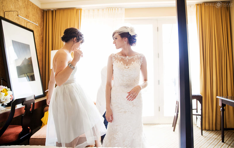 Bride preps for her wedding day at the St Julien Hotel in Boulder