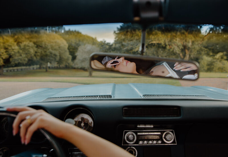 bride and groom photo in a vintage car