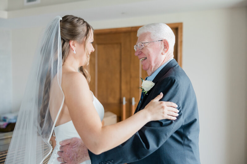 A bride and her grandfather at their first look on her wedding day.
