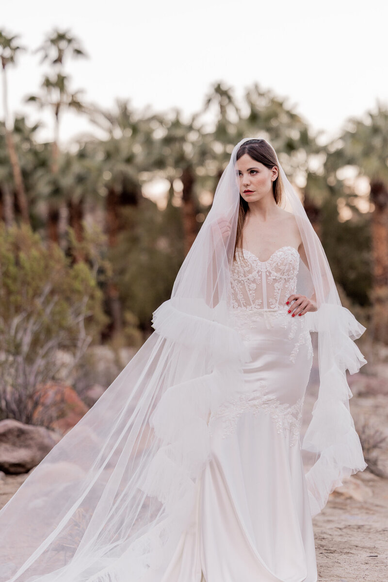 A breathtaking bridal portrait set against the desert palms of Palm Springs, California. The bride's flowing veil and intricately detailed gown create an ethereal, fine art moment, blending elegance with the raw beauty of the desert landscape.