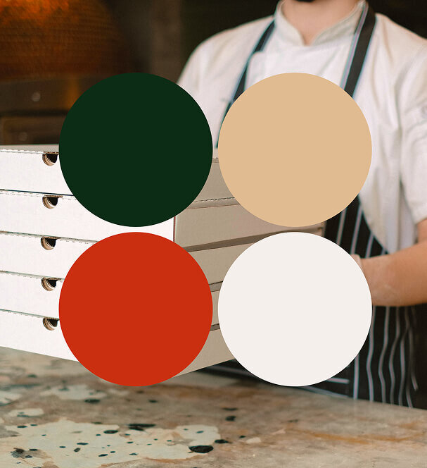 Maquette de présentation de l'identité visuelle de Pizzolino, qui représente la palette de couleurs du branding.