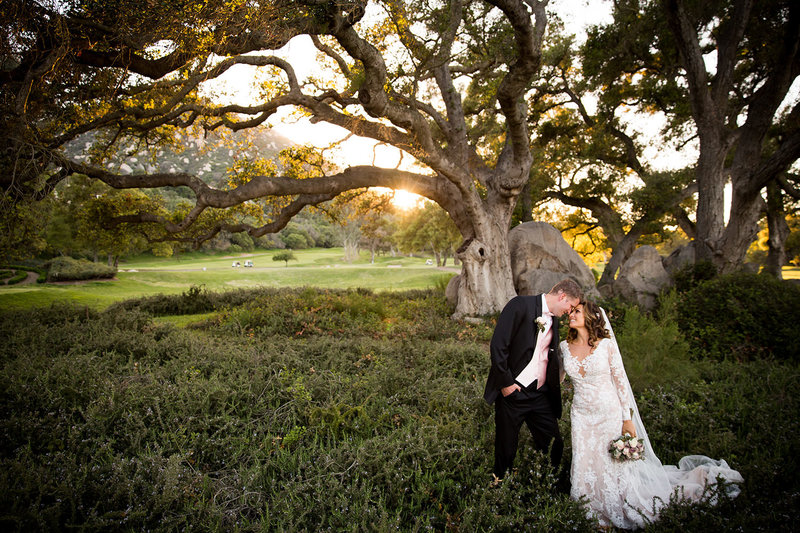 bride and groom looking at each other in open field